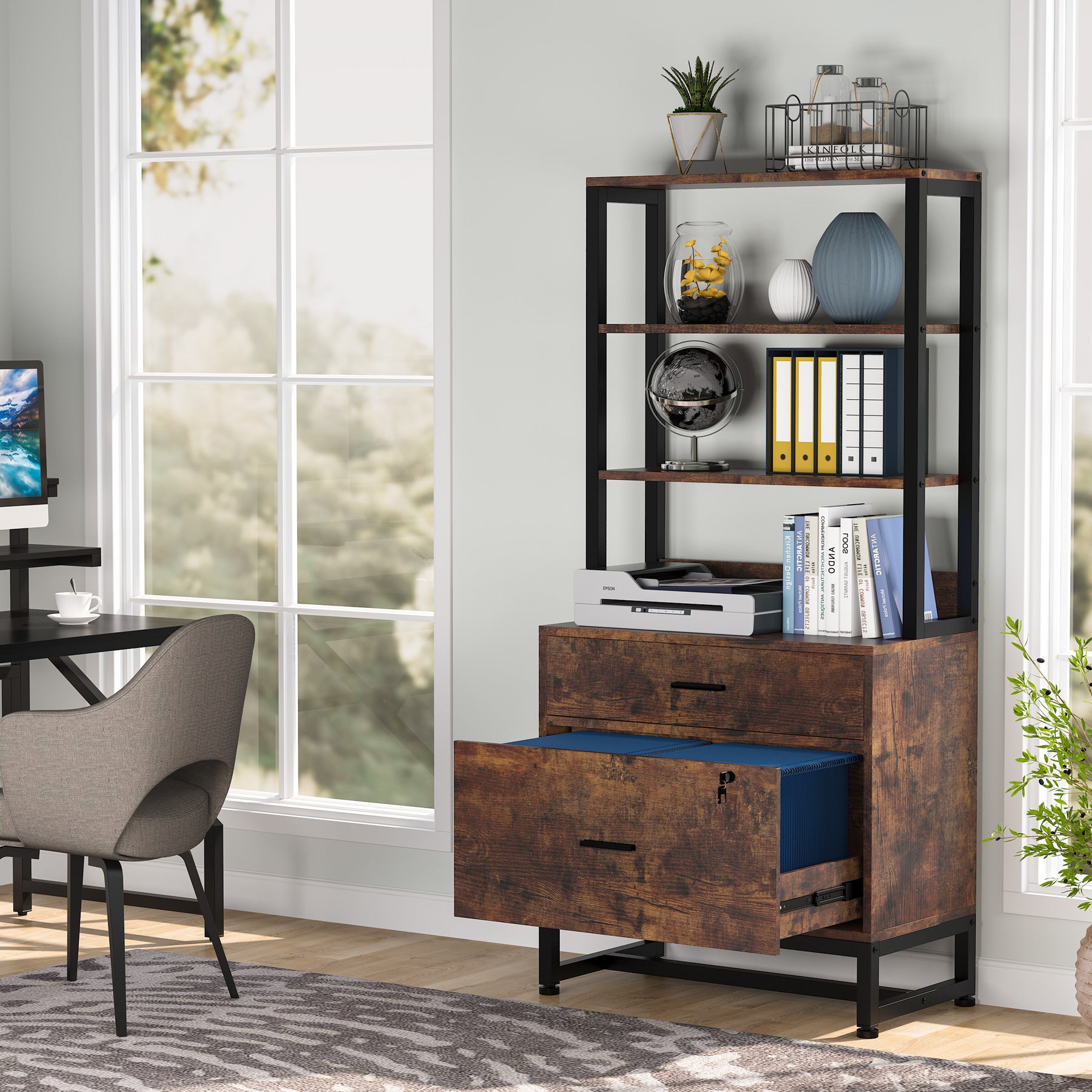 Vertical File Cabinet with 2 Drawers & Bookshelf